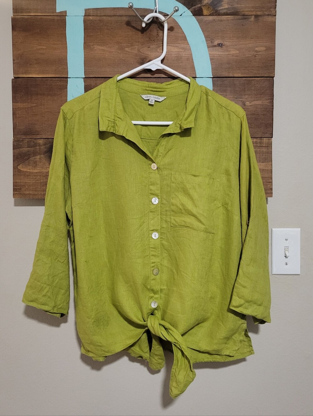 John Mark Olive Green Button-Front Tie Hem Rolled Tab Sleeves Linen Shirt M